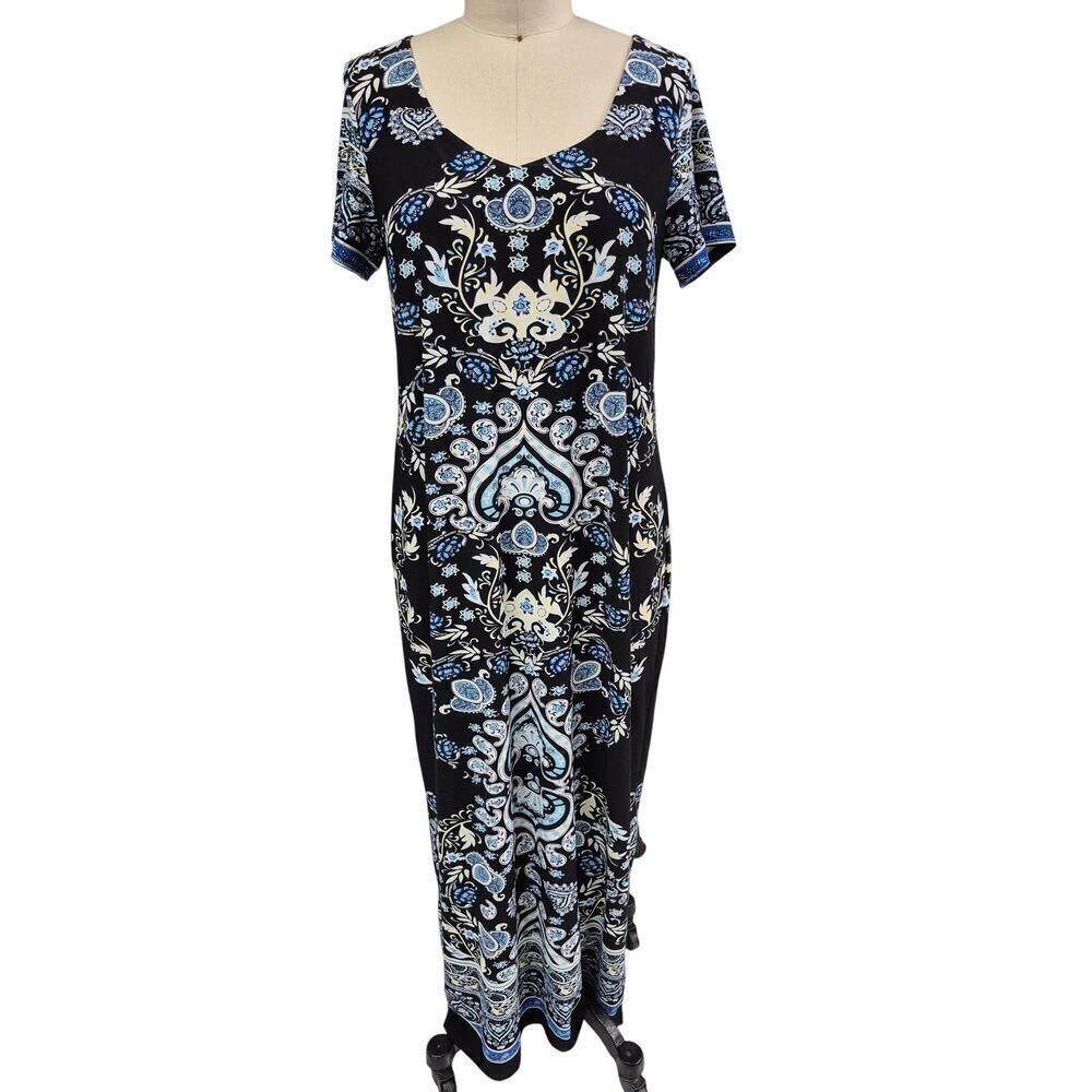 Avenue Poly/Spandex Maxi Dress Black Paisley/Floral Blue/Yellow Sz 14/16 L XL